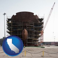 california map icon and a ship building project at a Polish shipyard