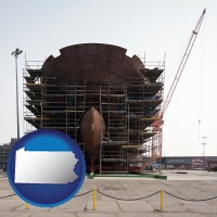 pennsylvania map icon and a ship building project at a Polish shipyard
